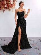 Women’s Champagne Gold Glamorous Sequin One Shoulder Sleeveless Mermaid Maxi Dress with Ruched Detail, High Slit and Lace-Up Back