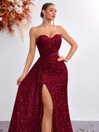 Women’s Champagne Gold Glamorous Sequin One Shoulder Sleeveless Mermaid Maxi Dress with Ruched Detail, High Slit and Lace-Up Back