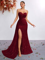 Women’s Champagne Gold Glamorous Sequin One Shoulder Sleeveless Mermaid Maxi Dress with Ruched Detail, High Slit and Lace-Up Back