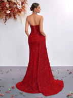 Women’s Champagne Gold Glamorous Sequin One Shoulder Sleeveless Mermaid Maxi Dress with Ruched Detail, High Slit and Lace-Up Back