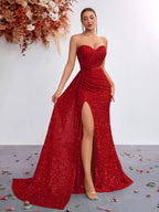 Women’s Champagne Gold Glamorous Sequin One Shoulder Sleeveless Mermaid Maxi Dress with Ruched Detail, High Slit and Lace-Up Back