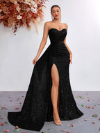 Women’s Champagne Gold Glamorous Sequin One Shoulder Sleeveless Mermaid Maxi Dress with Ruched Detail, High Slit and Lace-Up Back