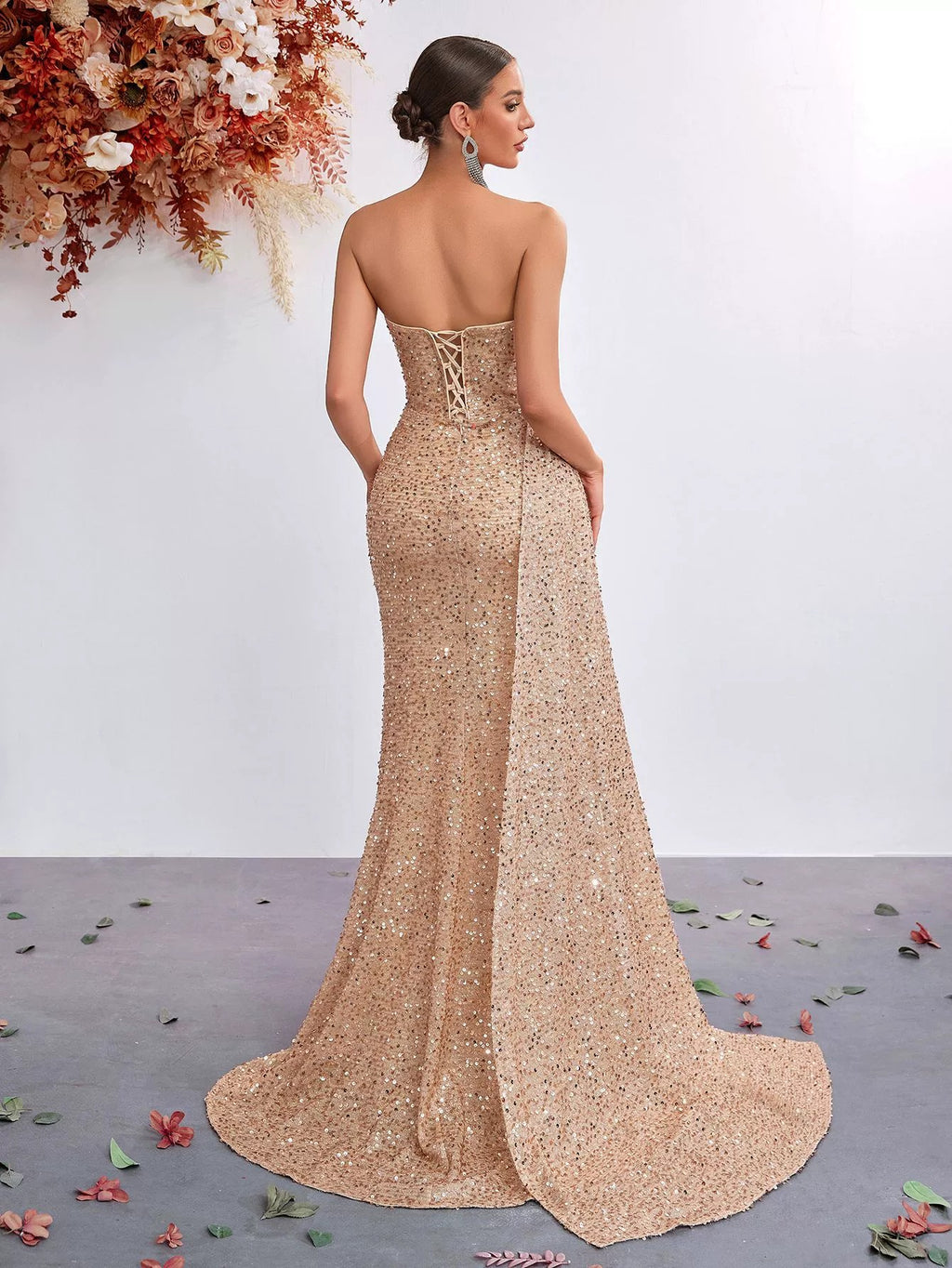 Women’s Champagne Gold Glamorous Sequin One Shoulder Sleeveless Mermaid Maxi Dress with Ruched Detail, High Slit and Lace-Up Back