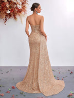 Women’s Champagne Gold Glamorous Sequin One Shoulder Sleeveless Mermaid Maxi Dress with Ruched Detail, High Slit and Lace-Up Back