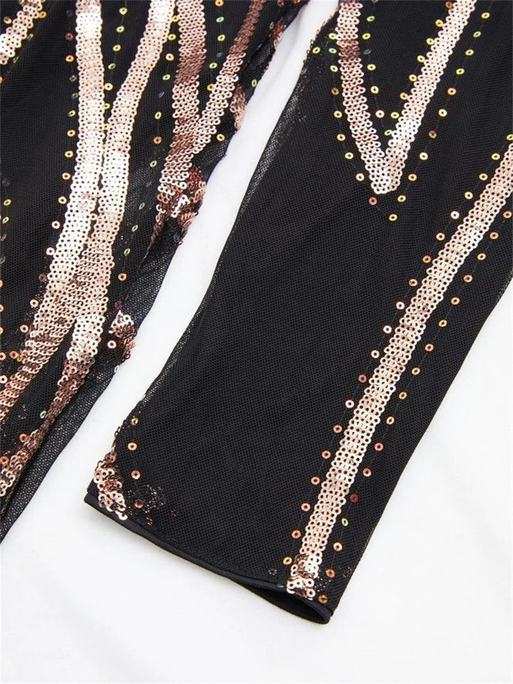 Women’s Black and Bronze Elegant Sequin Mesh Round Neck Long Sleeve Column Maxi Dress with Geometric Pattern