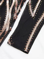 Women’s Black and Bronze Elegant Sequin Mesh Round Neck Long Sleeve Column Maxi Dress with Geometric Pattern