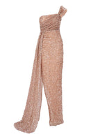 Women’s Wine Glamorous Sequin One-Shoulder Sleeveless Regular Maxi Dress with Draped Detail and Side Slit